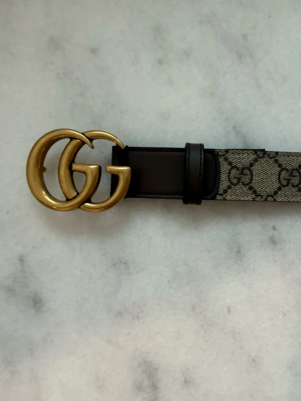 Authentic Gucci Brown Monogram Belt with Gold Double G Buckle